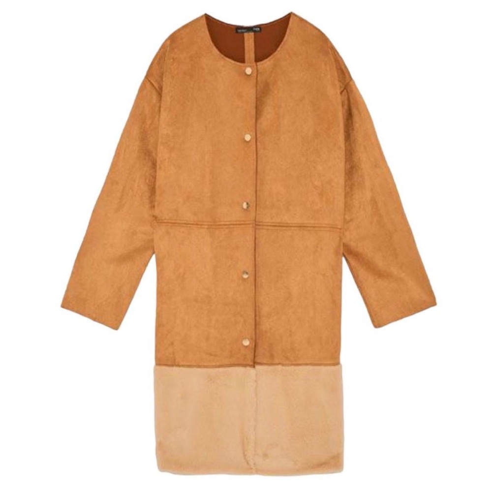 NWT ZARA Faux Suede & Faux Fur Trim Coat in Brown/Cream Size Large